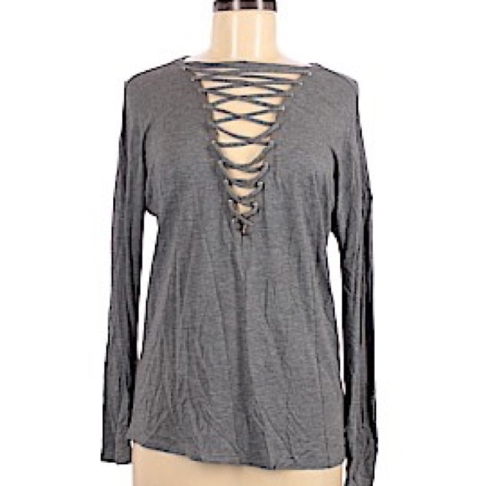Express One Eleven Gray Lace-up Top